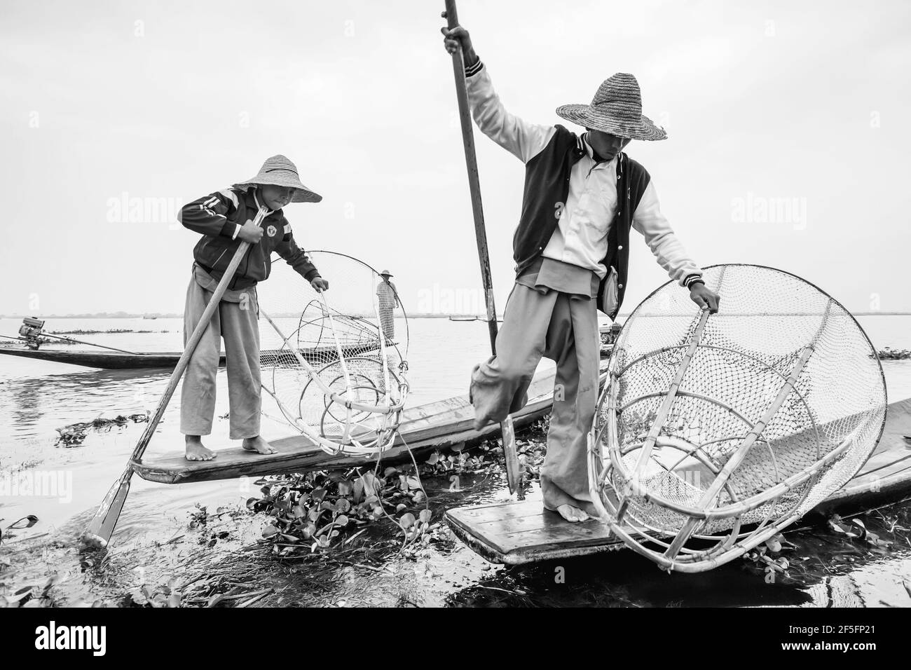 L'aviron, le lac des pêcheurs de la jambe, Inle, Myanmar de l'État Shan Banque D'Images