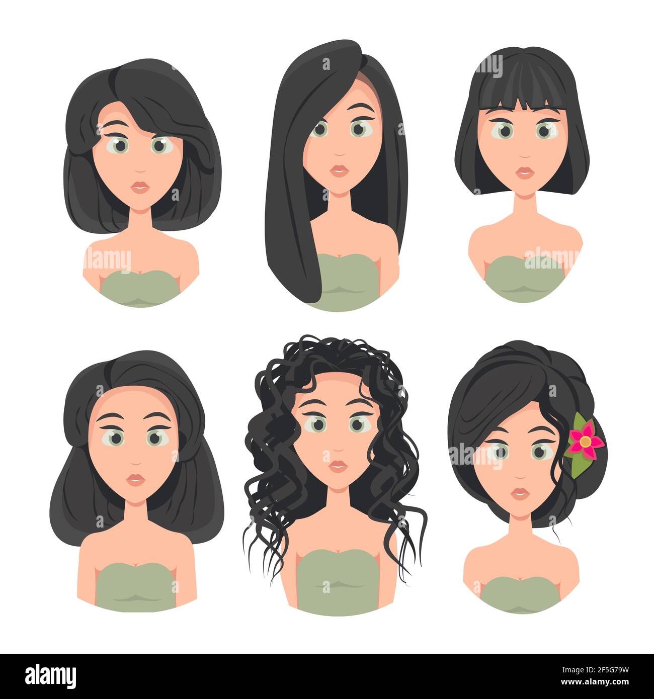 Ensemble de coupes de cheveux et coiffures de modèle, portrait d'une fille avec différentes coupes de cheveux, longueur de cheveux, avatars de filles, illustration vectorielle dans le style plat Illustration de Vecteur