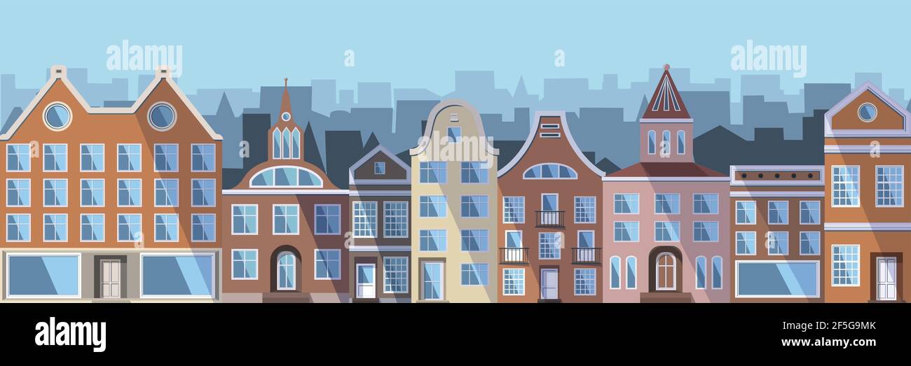Ville européenne - vieilles maisons colorées, magasins et usines dans le style traditionnel de la ville hollandaise. L'illustration vectorielle dans un style plat est adaptée comme une bann Illustration de Vecteur
