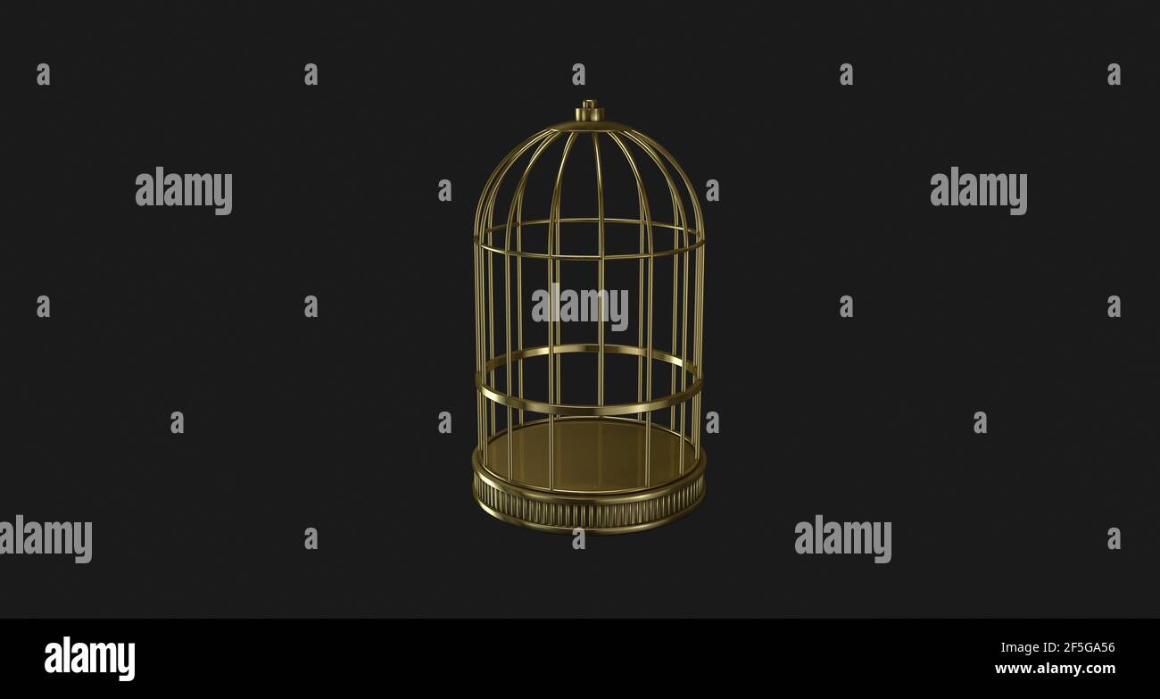 Cage or sur fond noir métal vintage style prison concept symbole de la liberté en perspective et profonde fermeture sombre, illustration 3D Banque D'Images