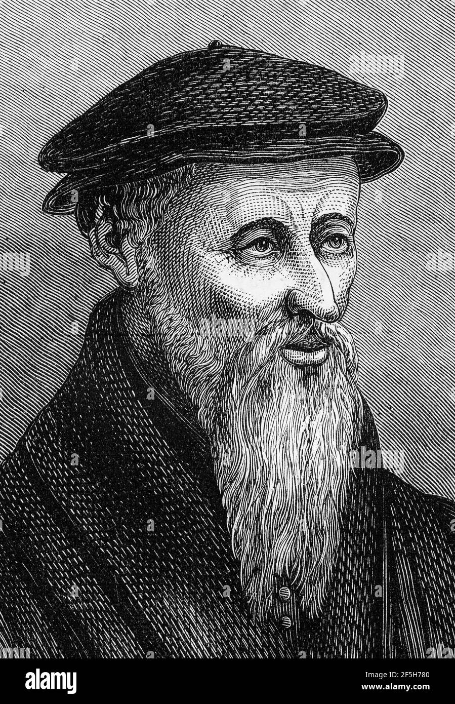 Gravure de William Farel (1489 – 1565), Guilhem Farel ou Guillaume Farel : évangéliste français, réformateur protestant et fondateur de l'Église réformée de la Principauté de Neuchâtel, en République de Genève, et en Suisse du canton de Berne et du Canton de Vaud (occupé ensuite par Berne). Banque D'Images