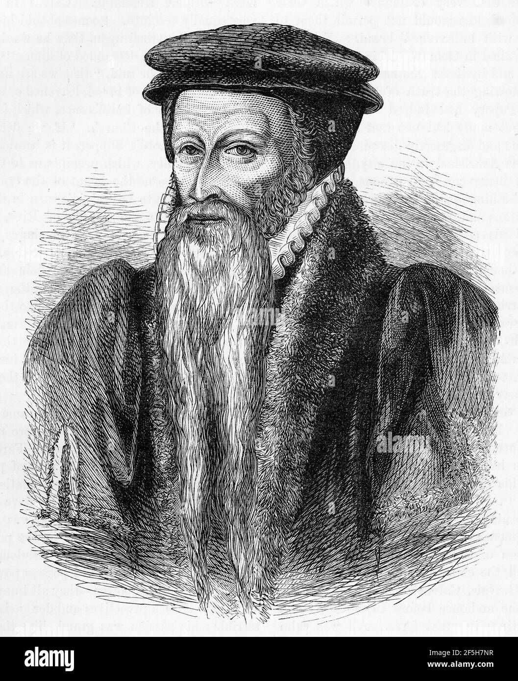 Gravure de Theodore Beza (1519 – 1605) théologien, réformateur et érudit protestant réformé français qui a joué un rôle important dans la réforme. Il était disciple de Jean Calvin et vivait la plus grande partie de sa vie à Genève. Banque D'Images