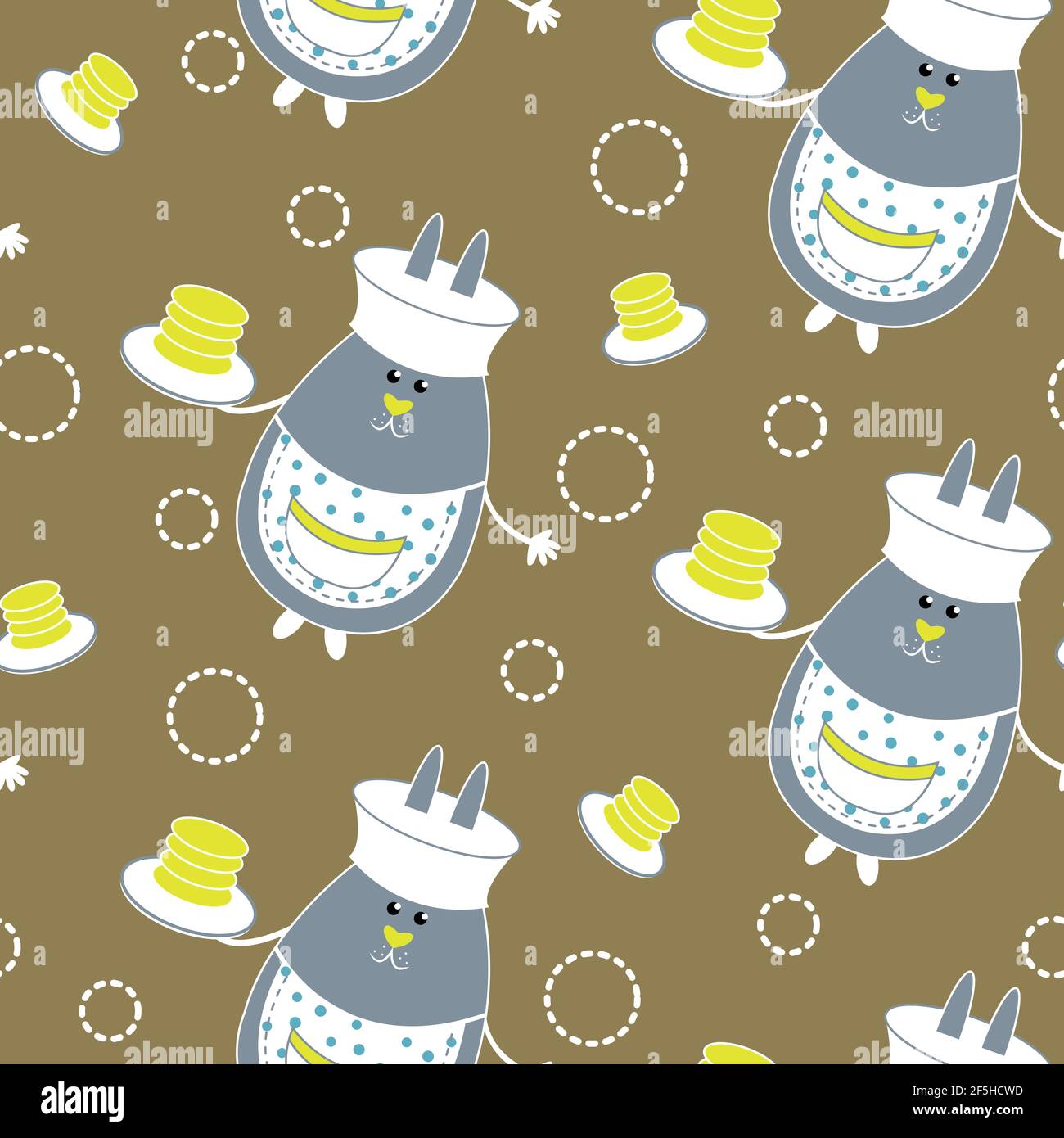 fond sans couture avec un lièvre ou un lapin gris grillé et une assiette de crêpes. vector Illustration de Vecteur