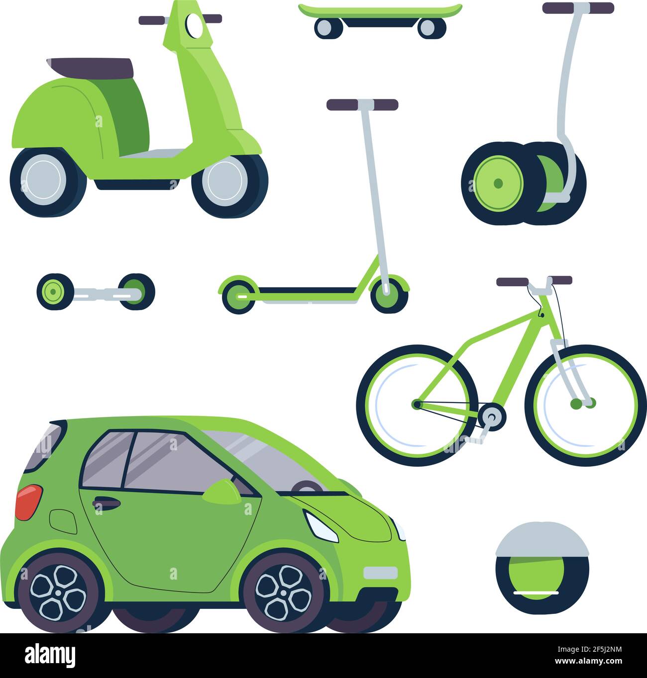 Scooter électrique moderne, gyroscope, skateboard, vélo, cyclomoteur, voiture. Ensemble vectoriel de véhicules électriques de remplacement respectueux de l'environnement. Transport de couleur verte sur fond blanc. Illustration de Vecteur