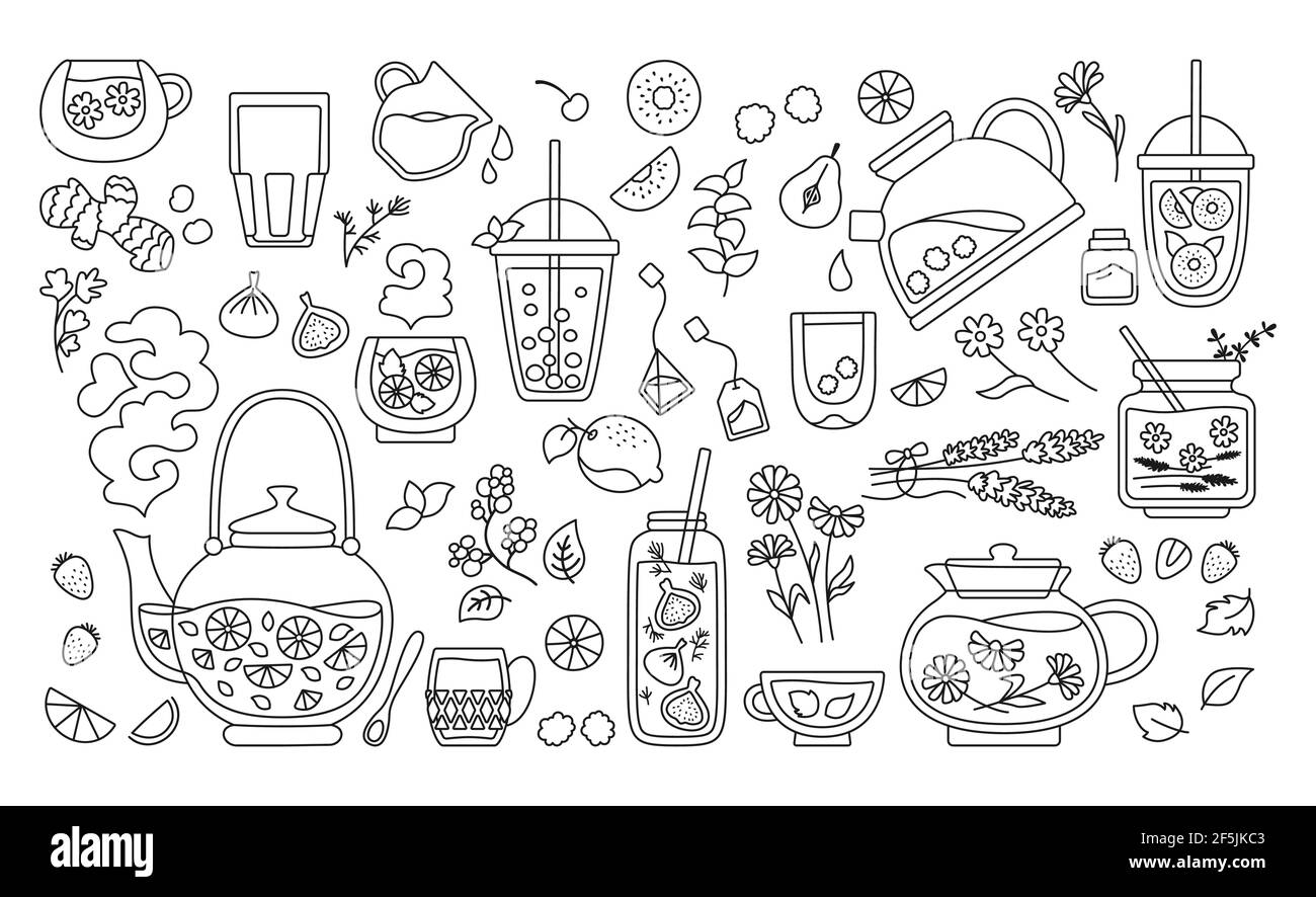 Tasse de thé et cocktails ensemble ligne noire. Tasse thé thé thé théière et herbes, fruits, ingrédients pour les boissons. Fleurs dessinées à la main en été, baies au menu. Illustration vectorielle tendance au design plat Illustration de Vecteur