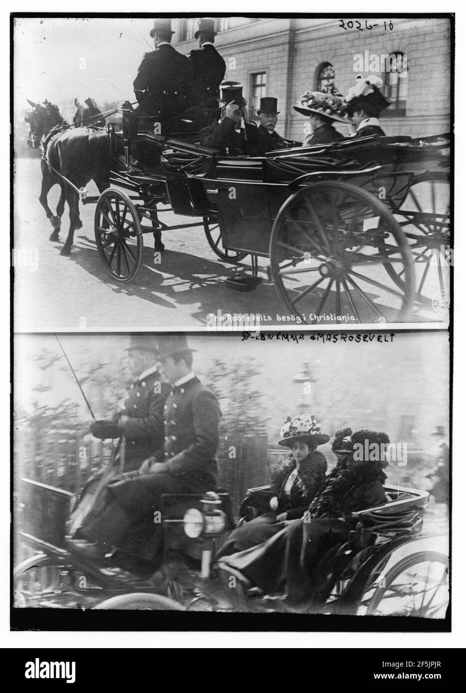 La reine Emma et Mme Roosevelt ; cadre supérieur - tous deux dans un chariot se déplaçant loin du photographe. ; cadre inférieur - chariot se déplaçant à côté du photographe Banque D'Images