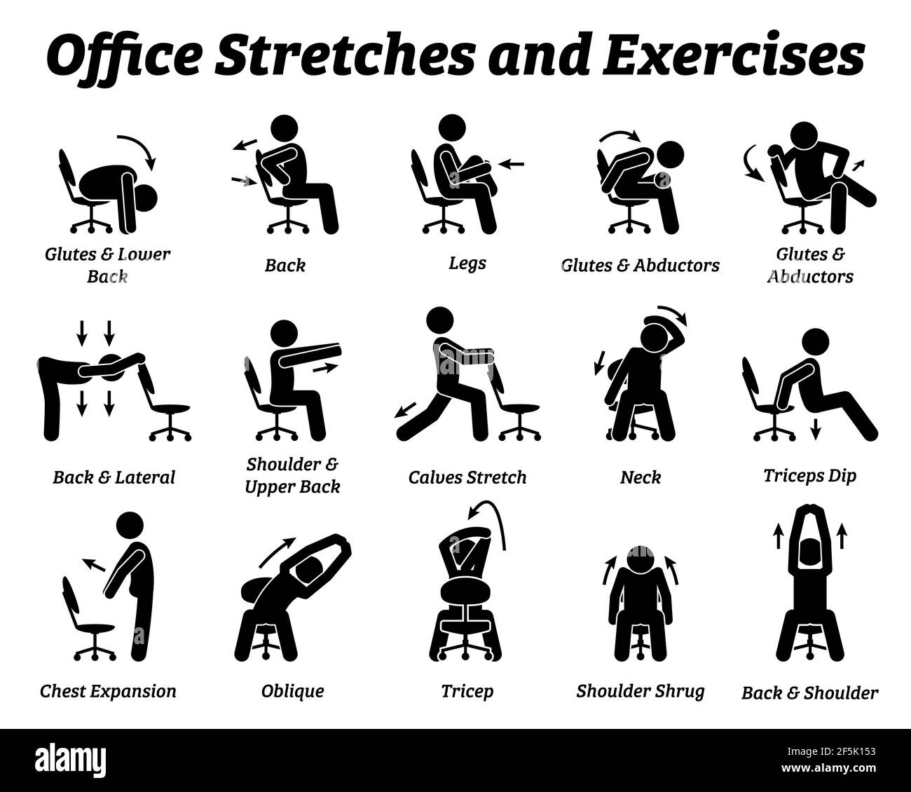 Le bureau de travail s'étire et des exercices pour détendre le muscle de tension. Les illustrations vectorielles décrivent les techniques et les postures d'un homme qui s'étire avec un bureau Illustration de Vecteur