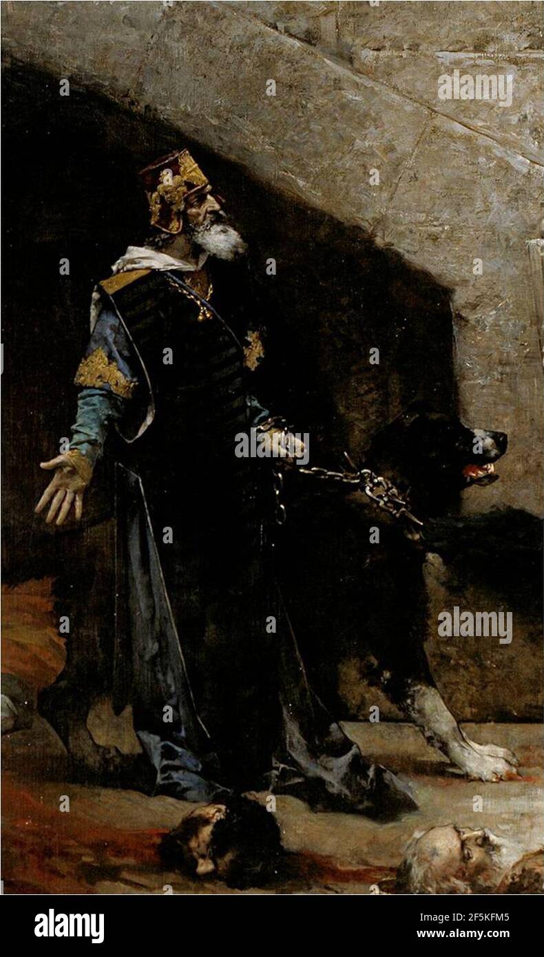 Ramiro II de Aragón y el perro. Detalle de la Campana de Huesca (José Casado del Alisal). Banque D'Images