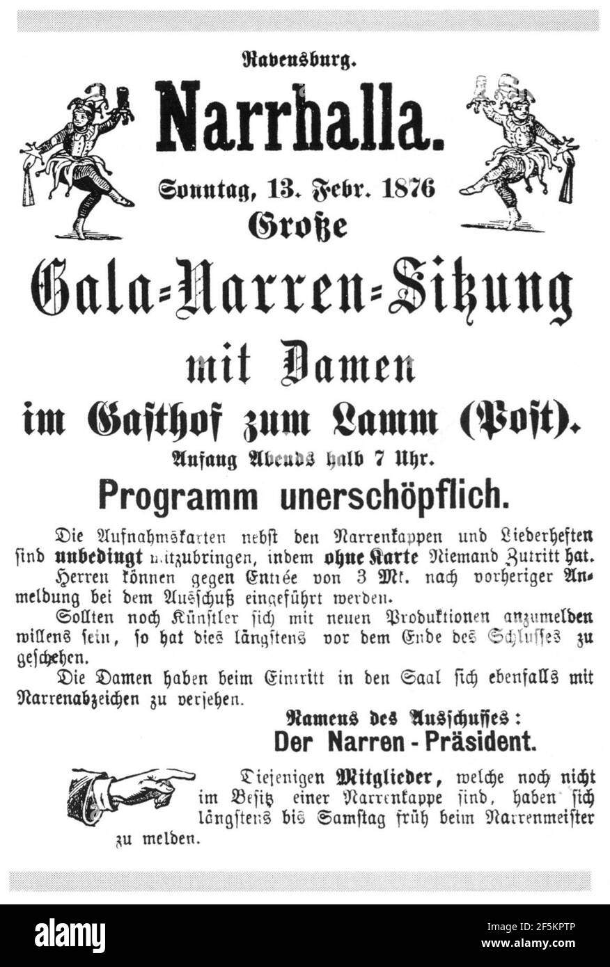 Ravensburg Fastnacht 1876 Narrhalla Gala-Narren-Sitzung. Banque D'Images