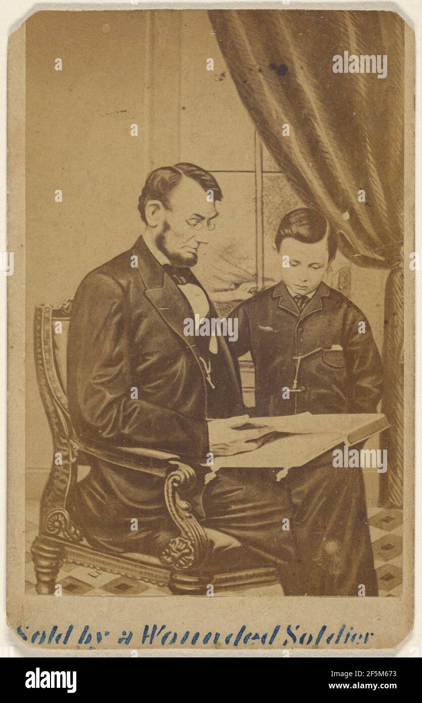 Vendu par un soldat blessé peinture après un Mathew B. Brady photographie d'Abraham Lincoln assis, la lecture d'un livre à son fils TAD. Fabricant inconnu, américain Banque D'Images