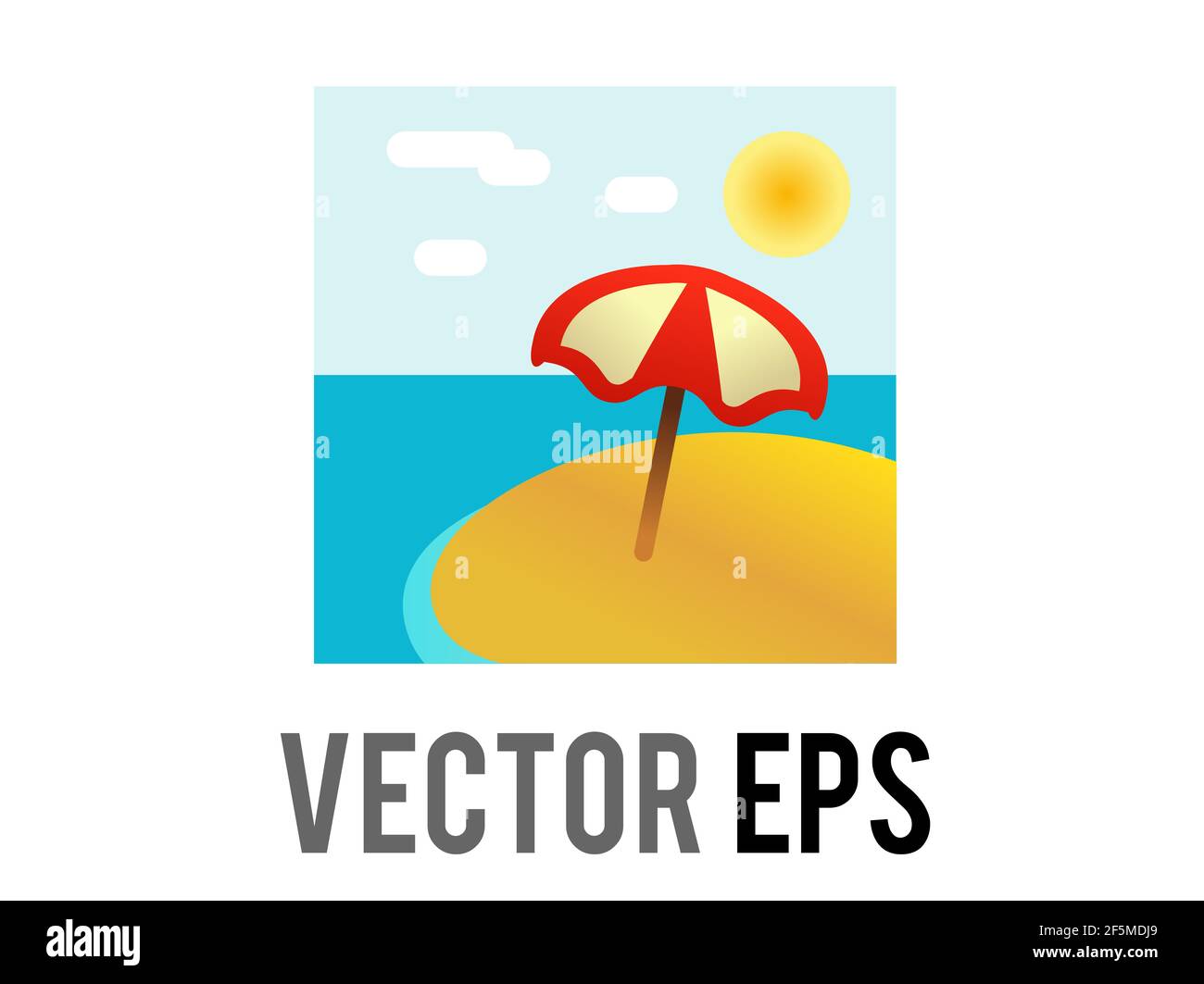 L'icône isolée de l'île de plage de vecteur, avec le soleil parapluie son ombre, le sable et l'eau de l'océan Banque D'Images