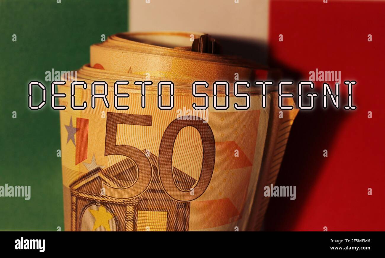 Billets en euros avec le signe 'Detreto Sostegni' traduit dans l'aide financière. Incitation du gouvernement italien. Banque D'Images