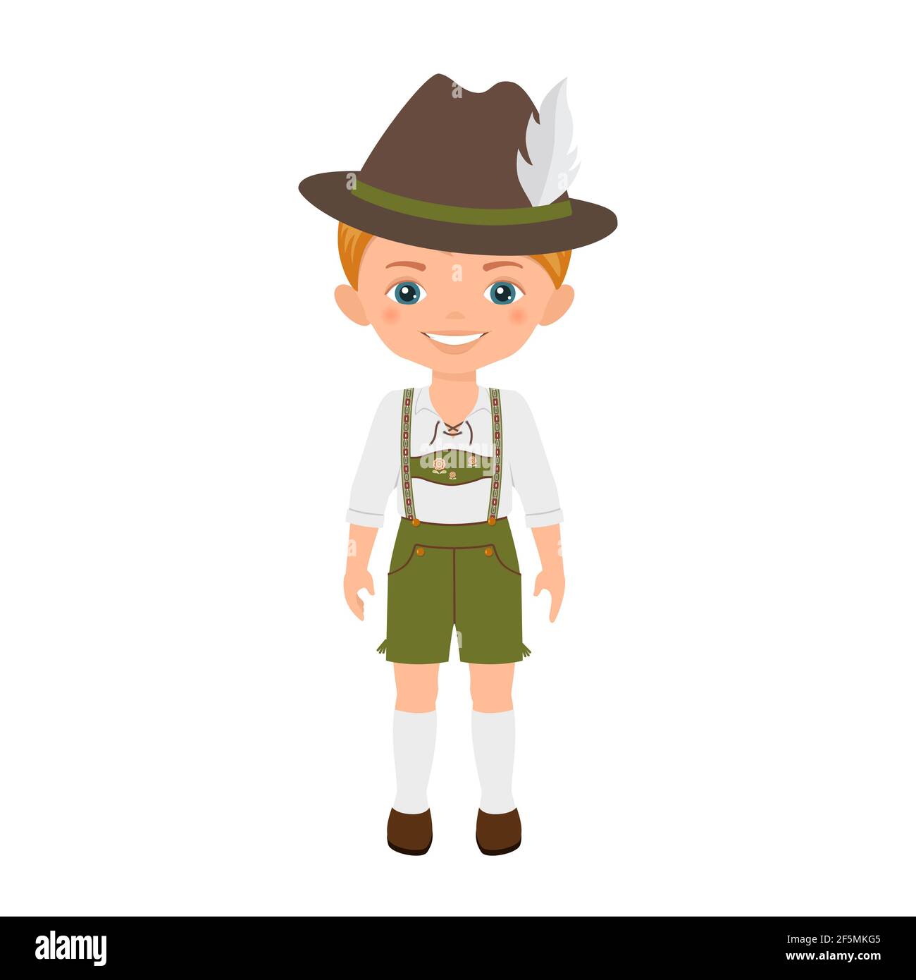 Adorable personnage de garçon en costume national allemand isolé sur fond blanc. Style dessin animé plat. Illustration vectorielle Banque D'Images