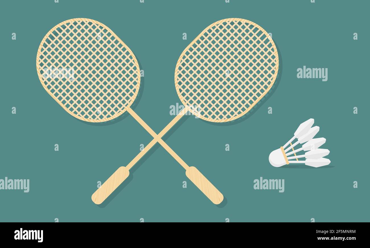 Deux raquettes de badminton en bois et shuttlecock. Équipement de jeu de badminton essentiel. Illustration de Vecteur