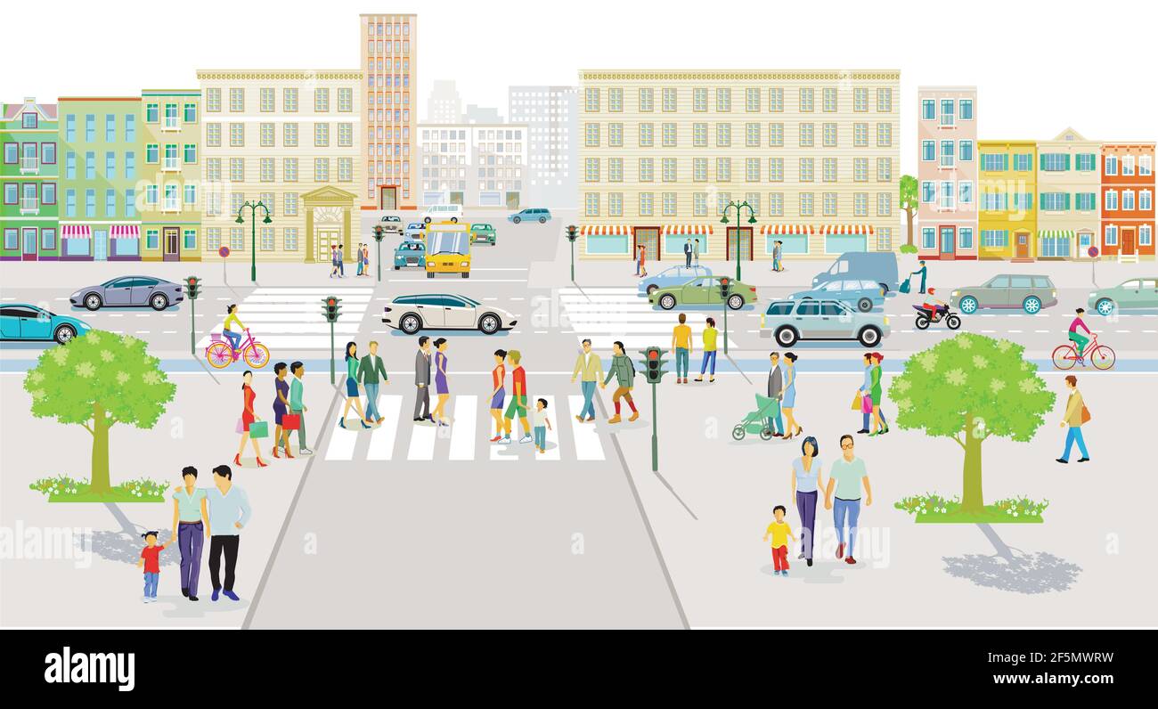 Silhouette de ville avec piétons et circulation routière, illustration ...