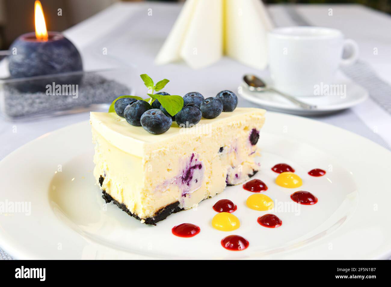 Gateau Cremeux A La Vanille Farci De Baies Decorees De Myrtilles Fraiches Et De Menthe Servi Avec De La Sauce A La Mangue Et Aux Canneberges Dessert Gastronomique Francais Photo Stock