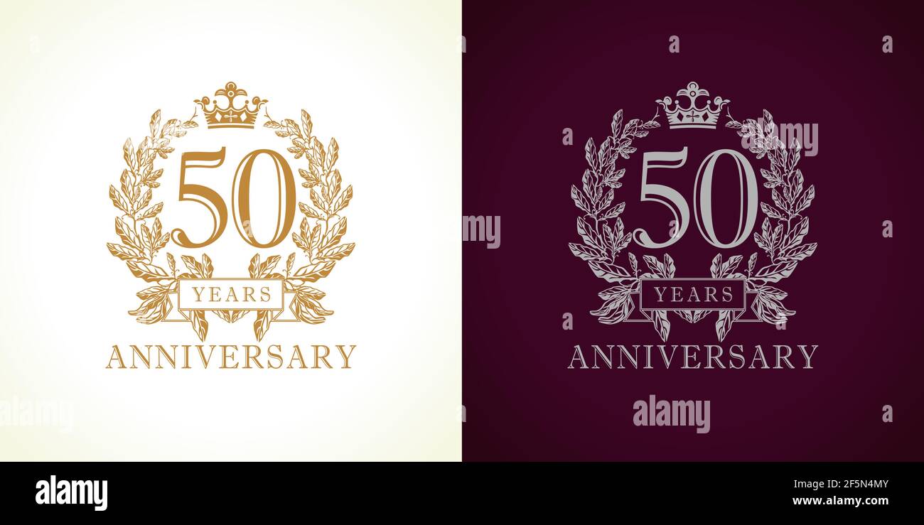 logo de luxe de 50 ans. Félicitant les 50 numéros de couleur or encadrés dans les palmiers. Concept de congrats héraldiques. Célébration de la tradition cinq et zéro d Illustration de Vecteur