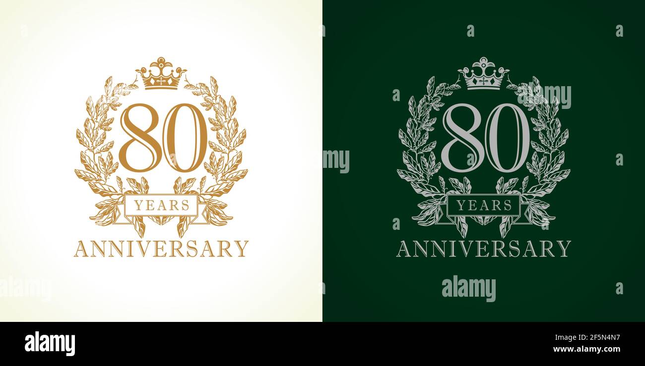 logo de luxe de 80 ans. Félicitant le 80e chiffre de couleur or encadré de palmiers. Concept de congrats héraldiques. Célébration de la tradition huit, zéro DIG Illustration de Vecteur
