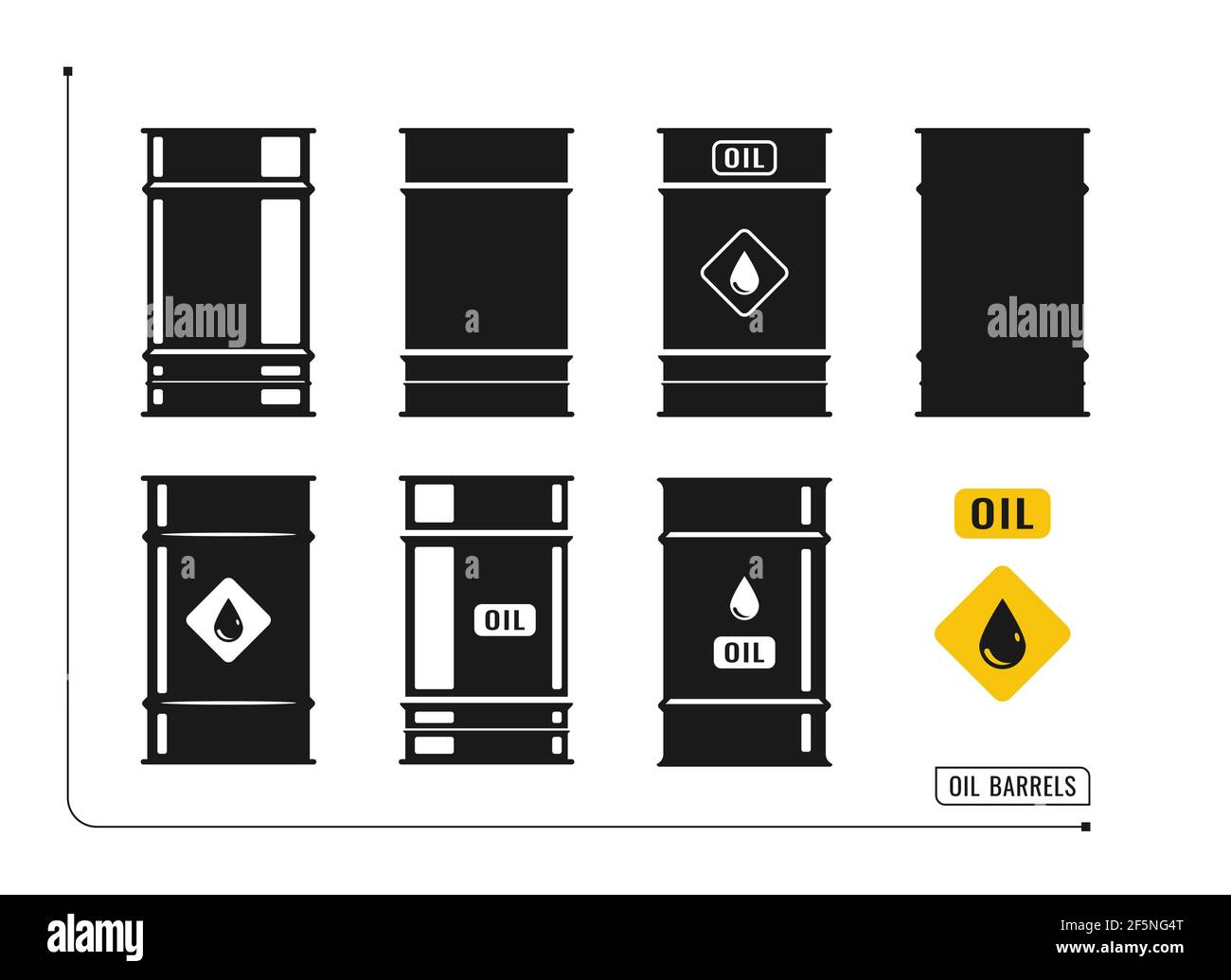 Le jeu de barils de pétrole est isolé sur un fond blanc. Silhouettes vectorielles noires. Le concept est l'extraction d'huile. Illustration de Vecteur