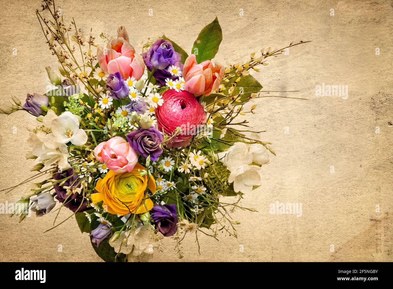 CONCEPT FLORAL : bouquet de fleurs de printemps sur fond antique Banque D'Images