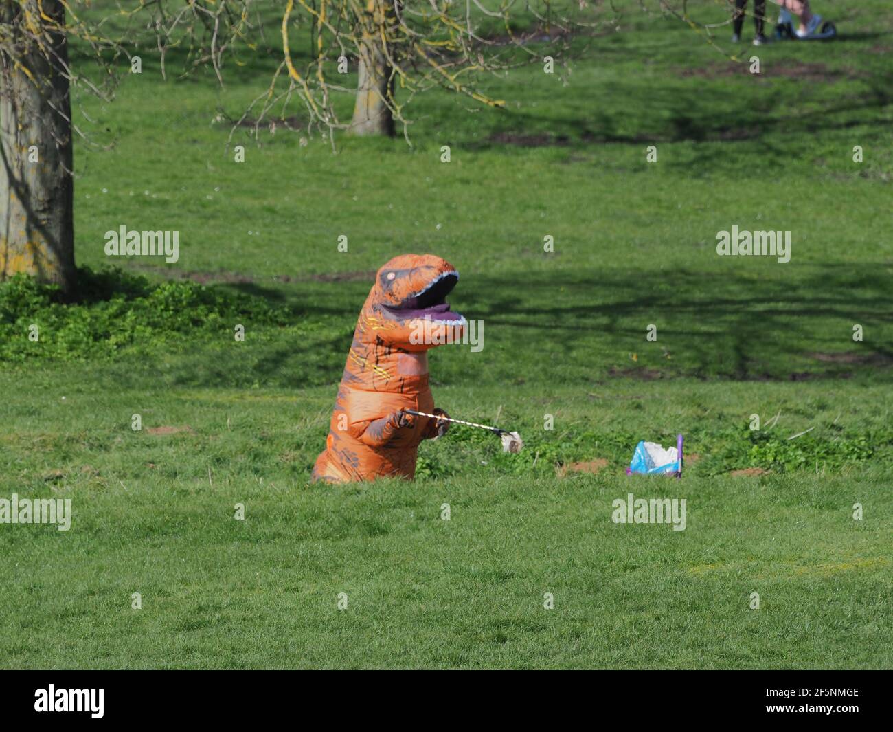 Minster on Sea, Kent, Royaume-Uni. 27 mars 2021. Cet après-midi, trois dinosaures ont été vus cueillir des détritus au Glen à Minster on Sea, dans le Kent. Maria Shepherd de Queenborough - qui apparaît régulièrement à des événements dans un costume de dinosaure - a eu l'idée et a persuadé deux autres de se joindre à elle, les familles prenant leur exercice quotidien ont été encouragées à participer à la collecte de litière. Crédit : James Bell/Alay Live News Banque D'Images