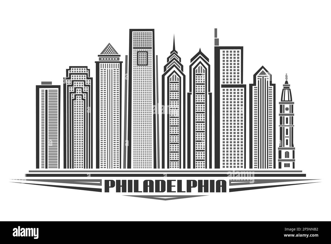Illustration vectorielle de Philadelphie, affiche horizontale monochrome avec design d'art de ligne ville de philadelphie, concept urbain avec letton décoratif Illustration de Vecteur