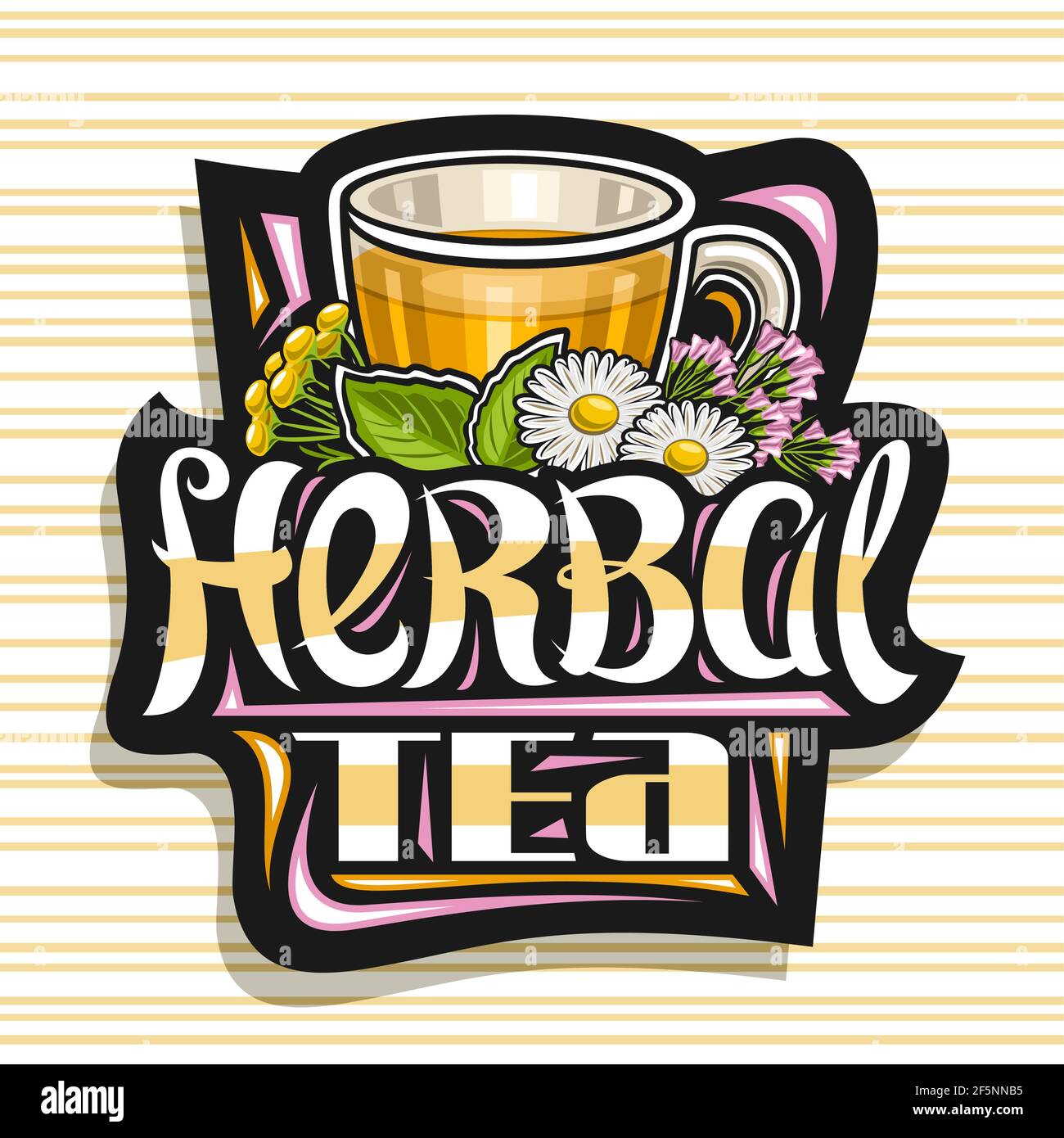 Logo vectoriel pour thé à base de plantes, signe décoratif foncé avec illustration d'une tasse de thé transparente avec boisson homéopathique orange chaude pour médication alternative Illustration de Vecteur