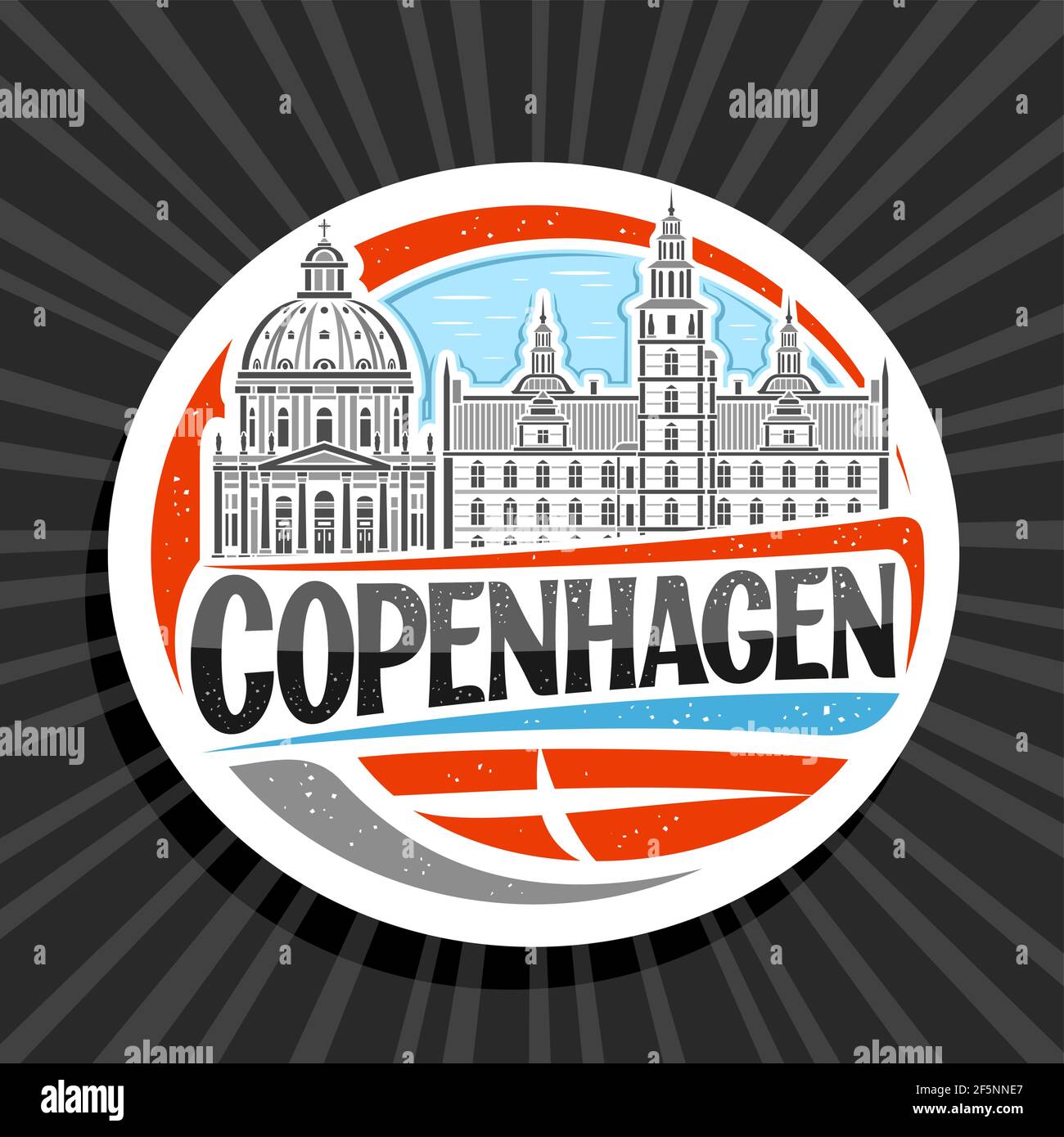 Logo Vector pour Copenhague, signe décoratif blanc avec illustration du paysage urbain de copenhague sur fond ciel de jour, aimant de réfrigérateur design artistique W Illustration de Vecteur