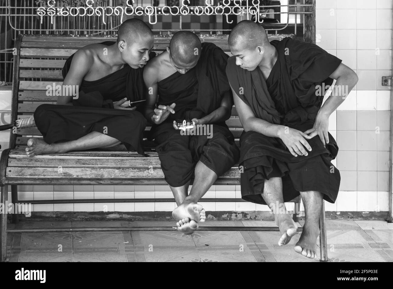 Les jeunes moines bouddhistes à à un téléphone mobile (téléphone portable), à l'Oo bientôt Nya Pon Shin Paya, Rhône-Alpes, Mandalay, Myanmar. Banque D'Images