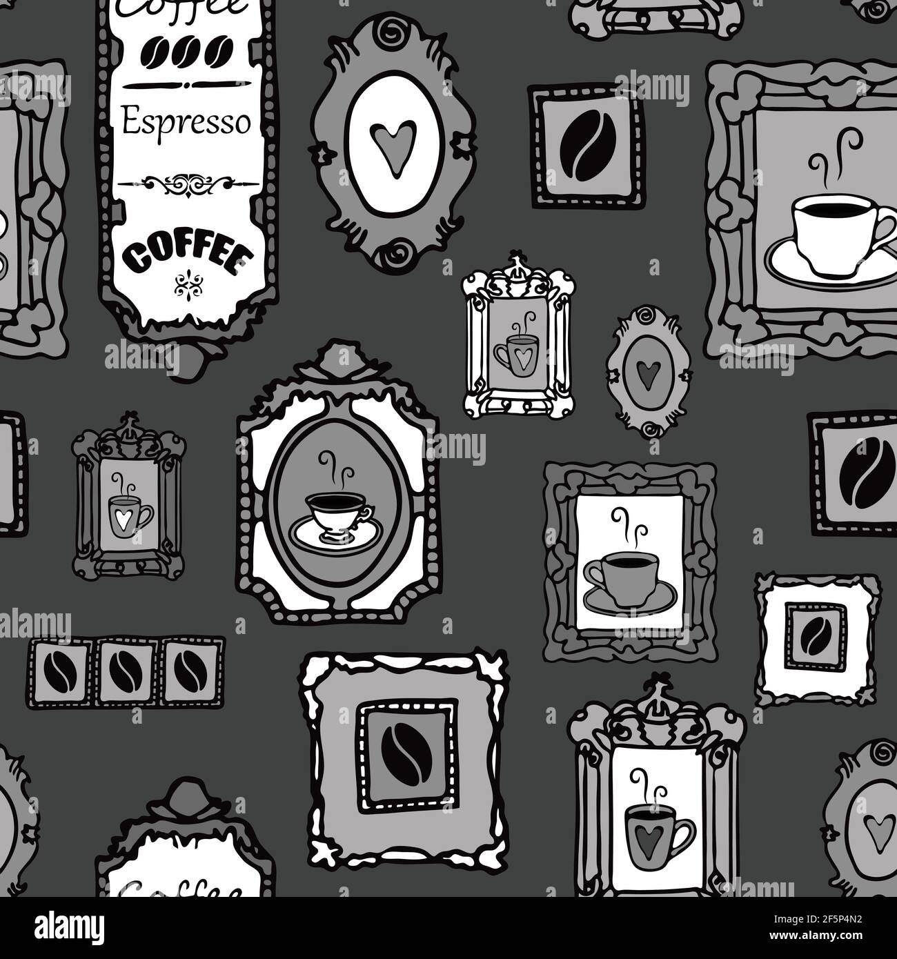 Motif vectoriel transparent avec café dans un cadre photo sur fond gris. Papier peint Cafe avec grains de café sur le mur. Illustration de Vecteur Motif vectoriel transparent avec café dans un cadre photo sur fond gris. Papier peint Cafe avec grains de café sur le mur. Illustration de Vecteur