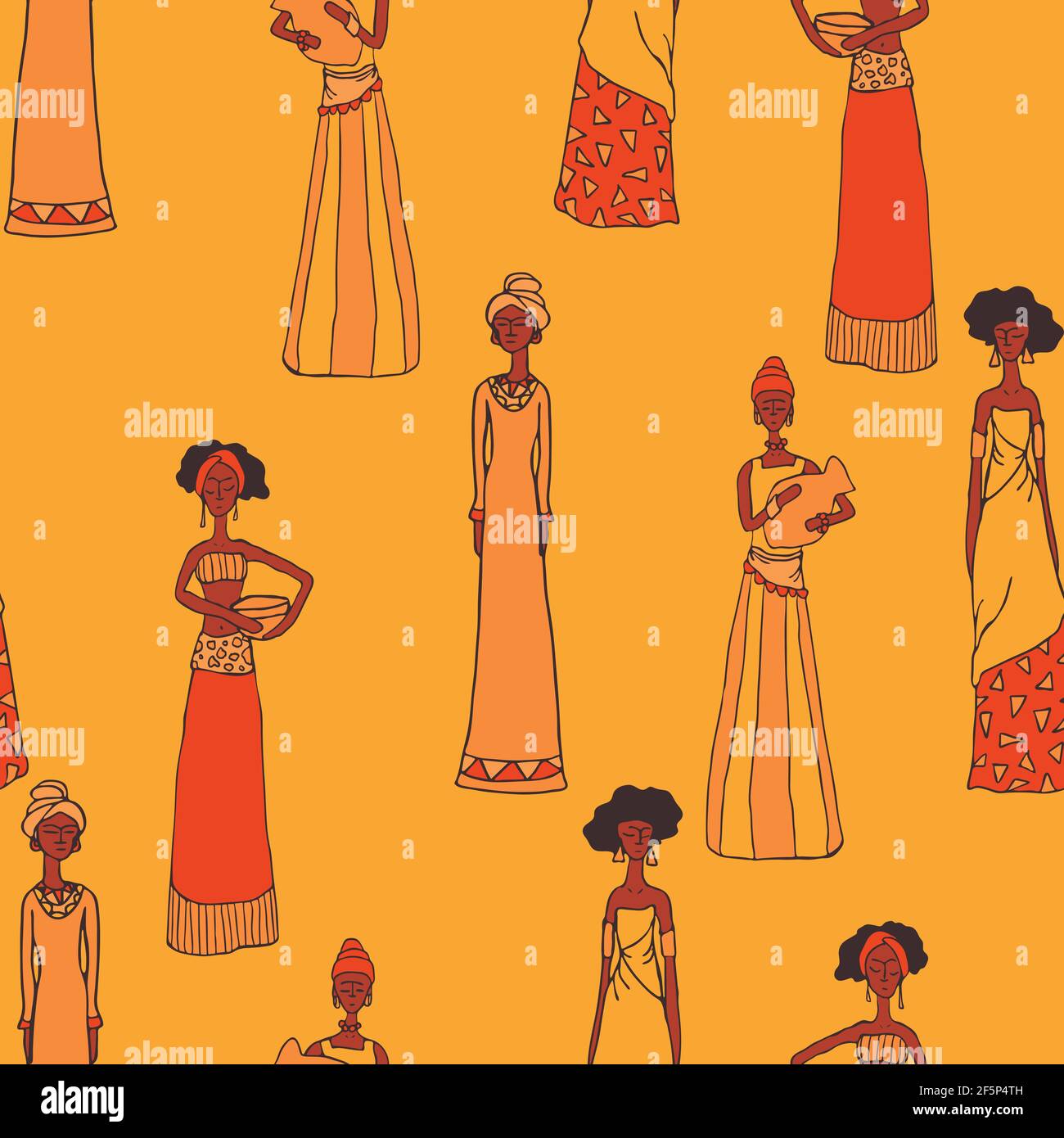 Motif vectoriel sans couture avec de belles femmes sur fond jaune vif. Papier peint de la tribu africaine. Décoration de mode de gens textile. Illustration de Vecteur