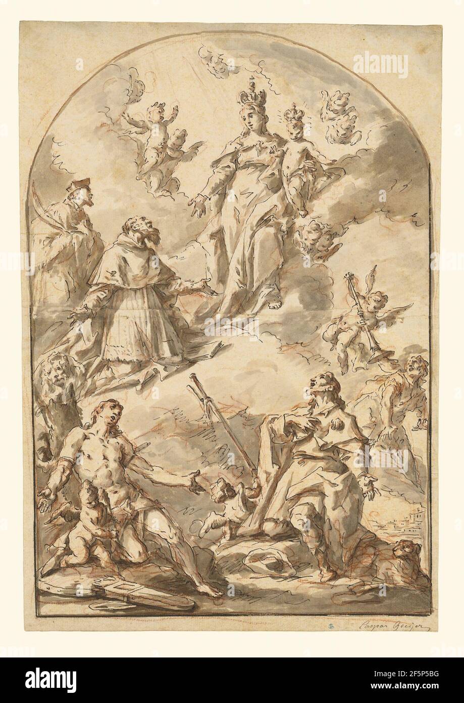La Vierge couronnée et l'enfant dans la gloire, avec les saints Sebastian, Roch, Jérôme, et John Nepomuk. Gaspésie Diziani (italien, 1689 - 1767) Banque D'Images