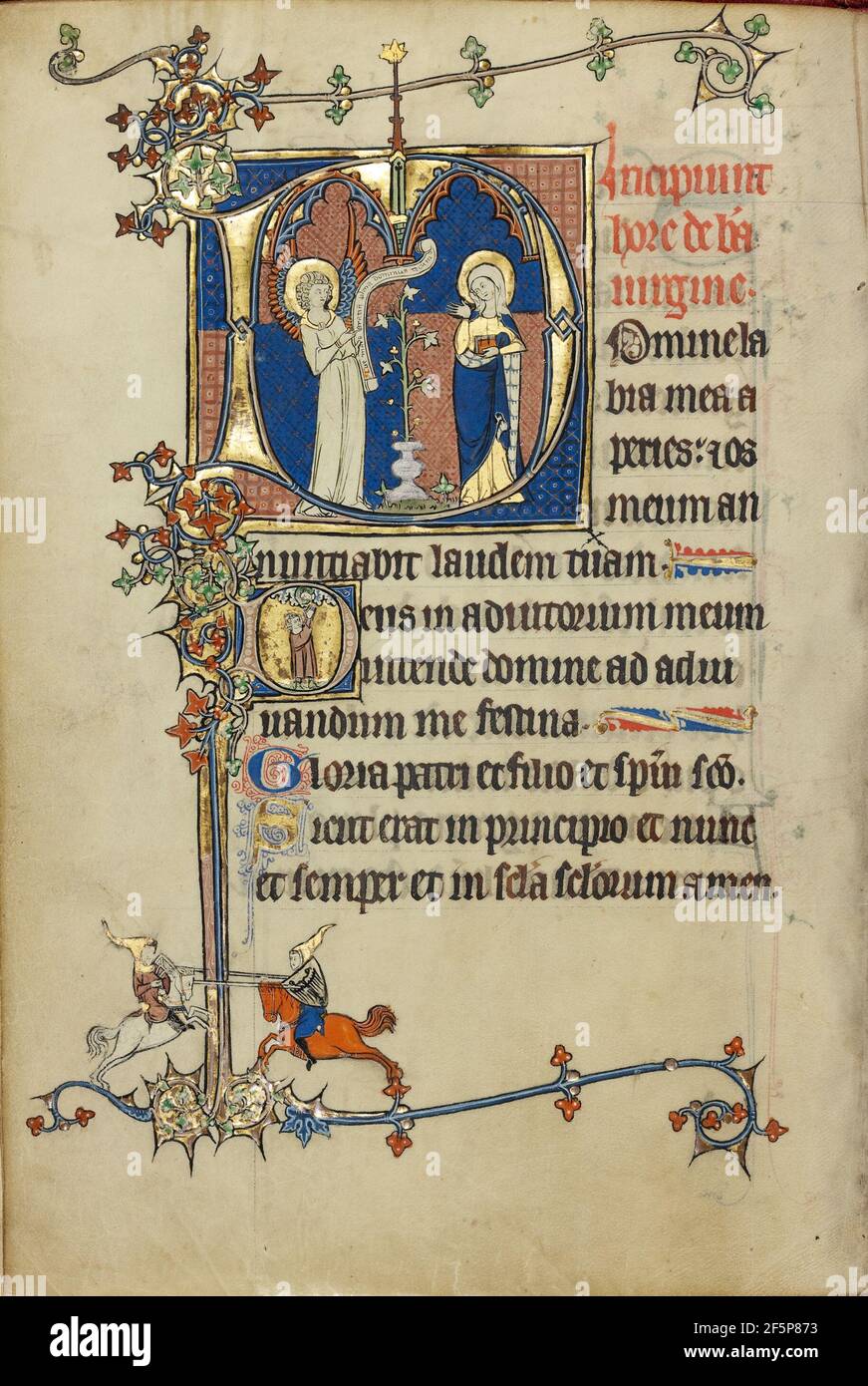 Initiale D: L'Annonciation; initiale D: Un jeune homme priant au Christ dans les nuages. Inconnu Banque D'Images