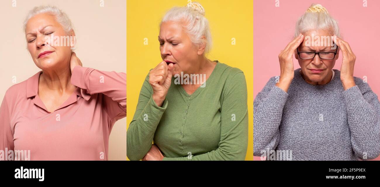 Collage de plusieurs portraits de femme âgée avec douleurs à la nuque — free download