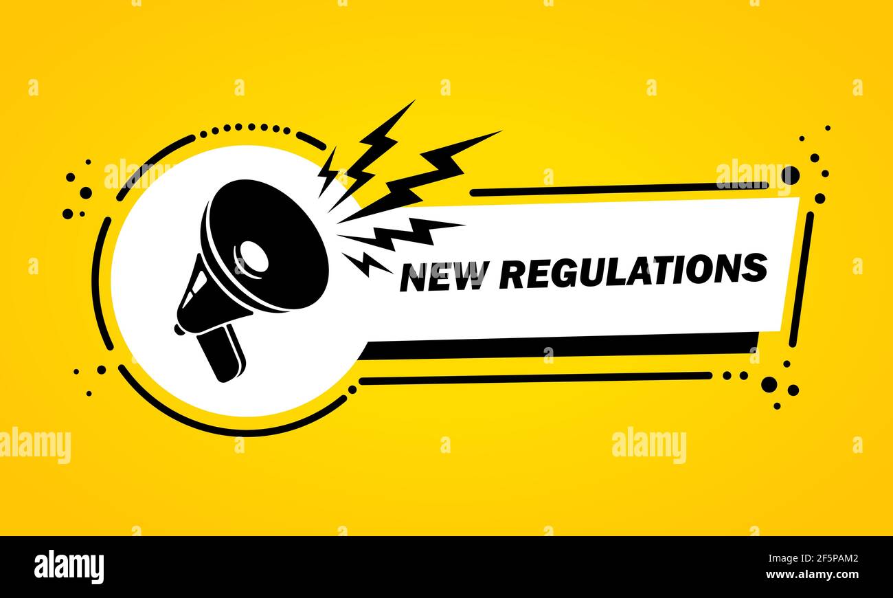 Bannière à bulle de discours de mégaphone avec nouvelles réglementations. Haut-parleur. Label pour les affaires, le marketing et la publicité. Vecteur sur arrière-plan isolé. SPE 10 Illustration de Vecteur