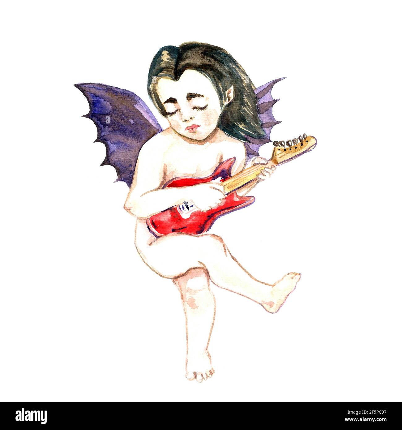 Diable ange avec guitare électrique rouge, isolé sur l'illustration aquarelle peinte à la main blanche Banque D'Images