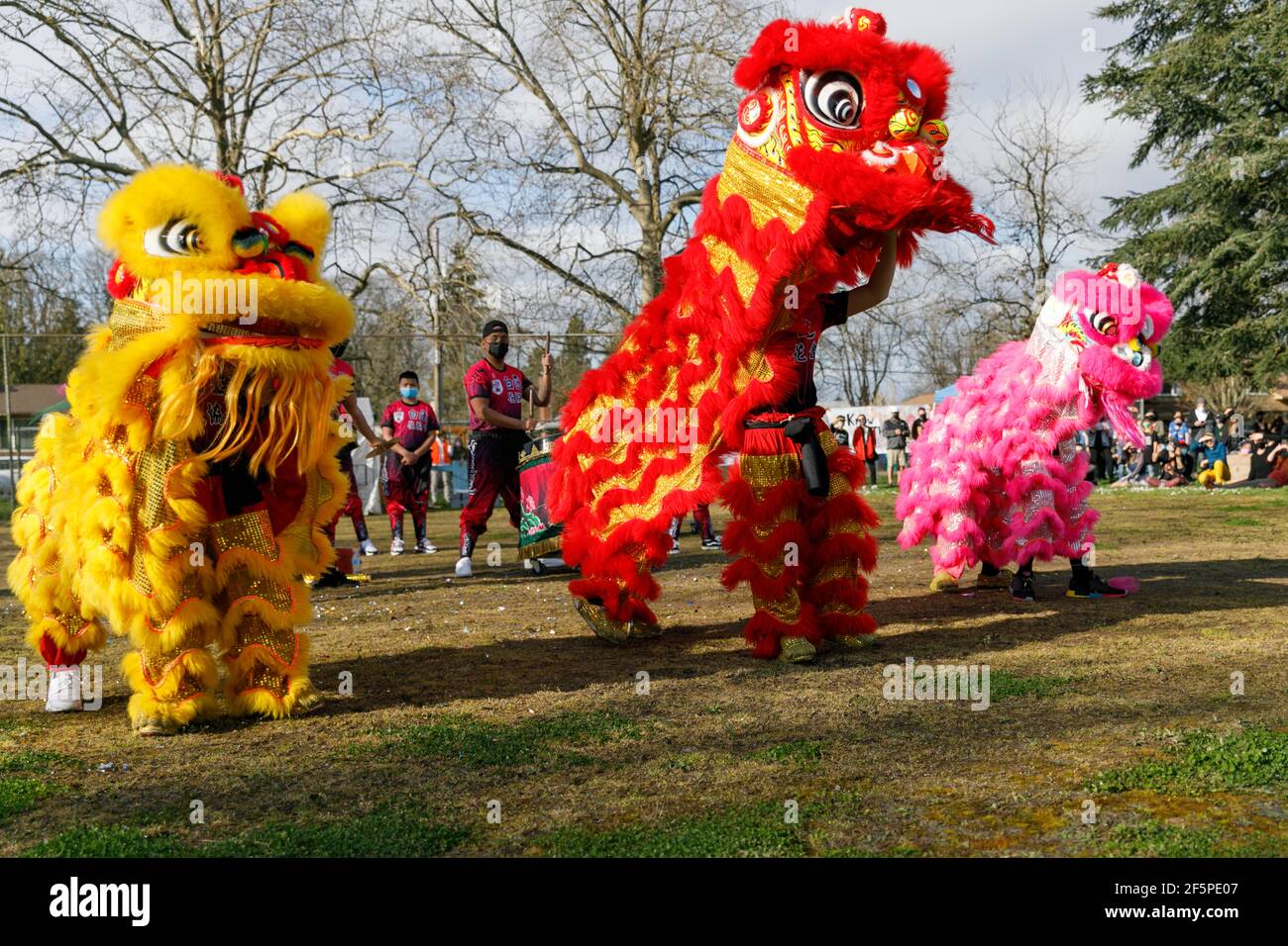 Portland, États-Unis. 26 mars 2021. La White Lotus Dragon and Lion Dance Company se produit. Près d'un millier de personnes se sont rassemblées dans le sud-est de Portland, Oregon, le 26 mars 2021, pour se rallier contre la violence et la haine ethnique contre les Asiatiques, à la suite des massacres commis à Atlanta, en Géorgie, la semaine dernière. (Photo de John Rudoff/Sipa USA) crédit: SIPA USA/Alay Live News Banque D'Images