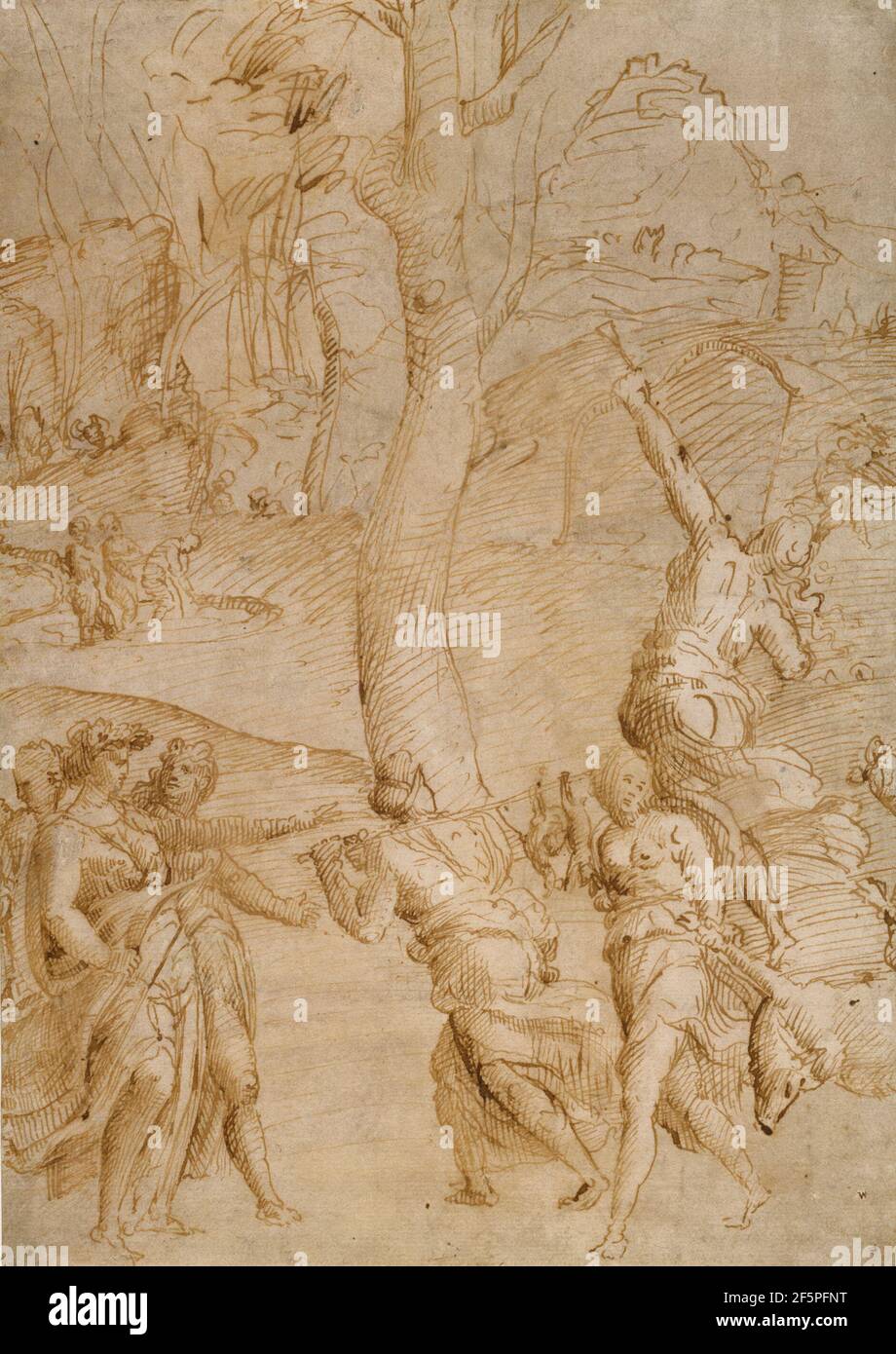 Scène de chasse (recto); deux études d'une paire de Dieux de rivière (?), un front de sarcophage (?) verso. Fabricant inconnu, École Centrale italienne Banque D'Images
