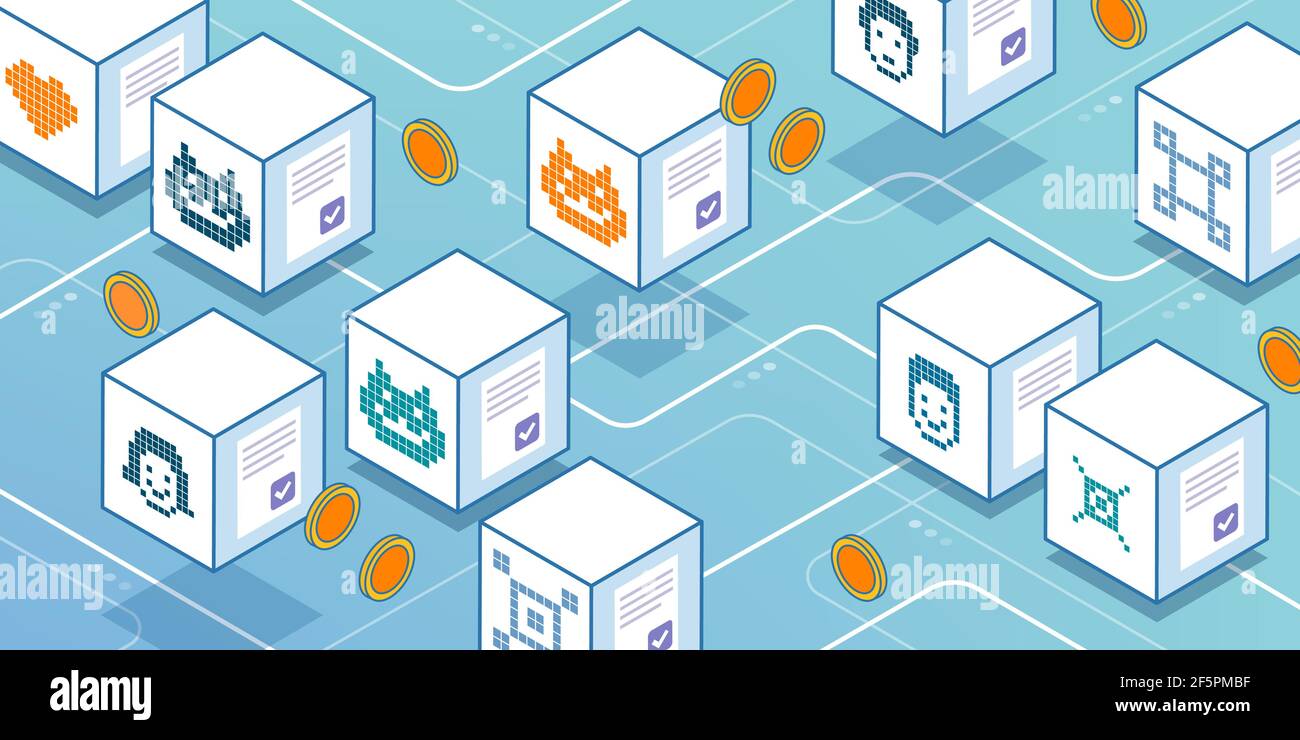 Cryptoart et code NFT sur les blocs virtuels, le marché de jetons non fongibles et le concept de blockchain Illustration de Vecteur
