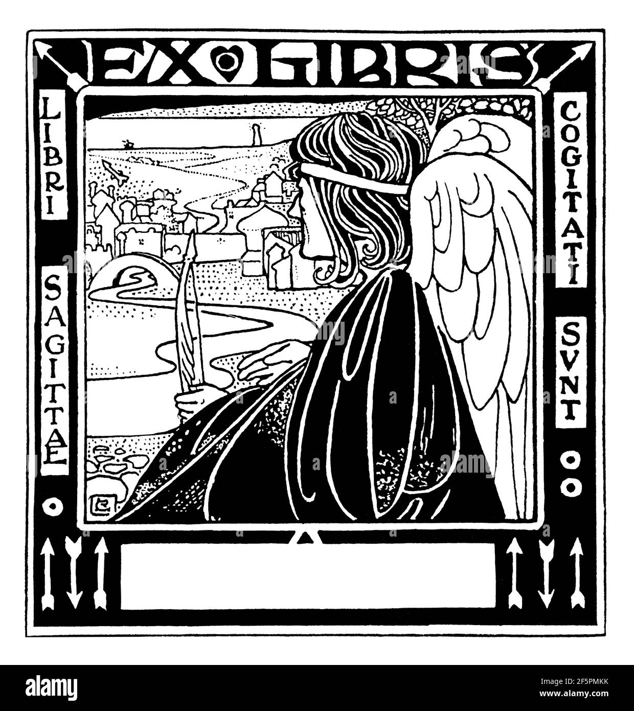Art Nouveau Libri sagittae cogitati sunt (les flèches sont des livres) devise conception de bibliothèque par l'illustrateur de livres pour enfants Ethel Larcombe, d'Exeter, Banque D'Images