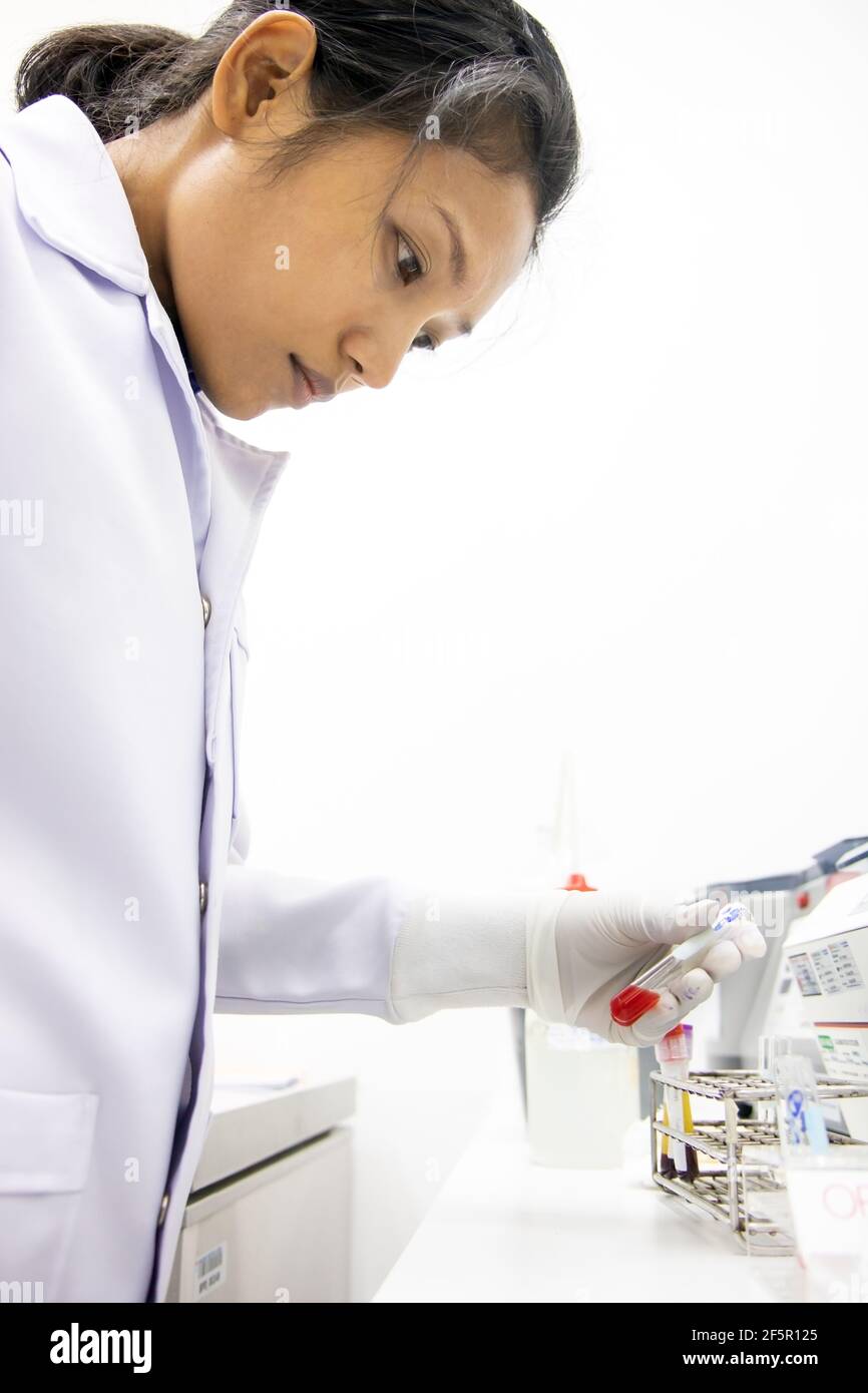 Médecin dans le laboratoire examine l'échantillon de sang dans un tube Banque D'Images