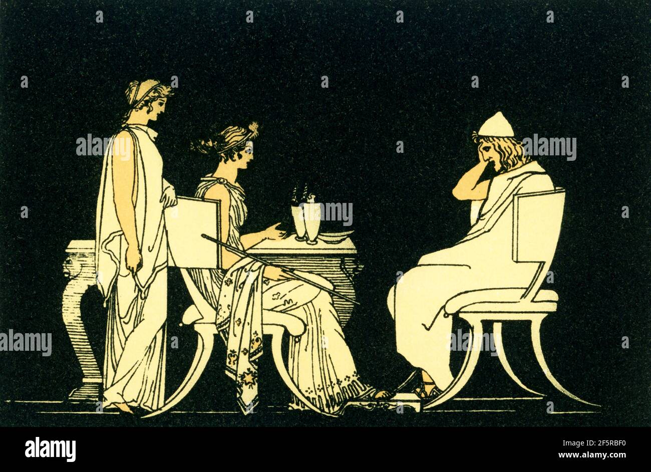 Cette illustration des années 1880 accompagnait un livre sur Homer et ses épopées, l'Iliad et l'Odyssée. Il montre la scène avec le héros grec Odysseus (Ulysses) à la table de Circe. Selon la mythologie grecque ancienne, Circe était un enchantress bien connu. Fille d'Helios, elle a transformé les compagnons d'Odysseus en porcs. Odysseus a fait sortir Circe du sort. Banque D'Images