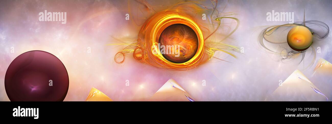 Arrière-plan fractal grand écran fantastique. Nébuleuse lumineuse avec des planètes et des montagnes en 3D Banque D'Images