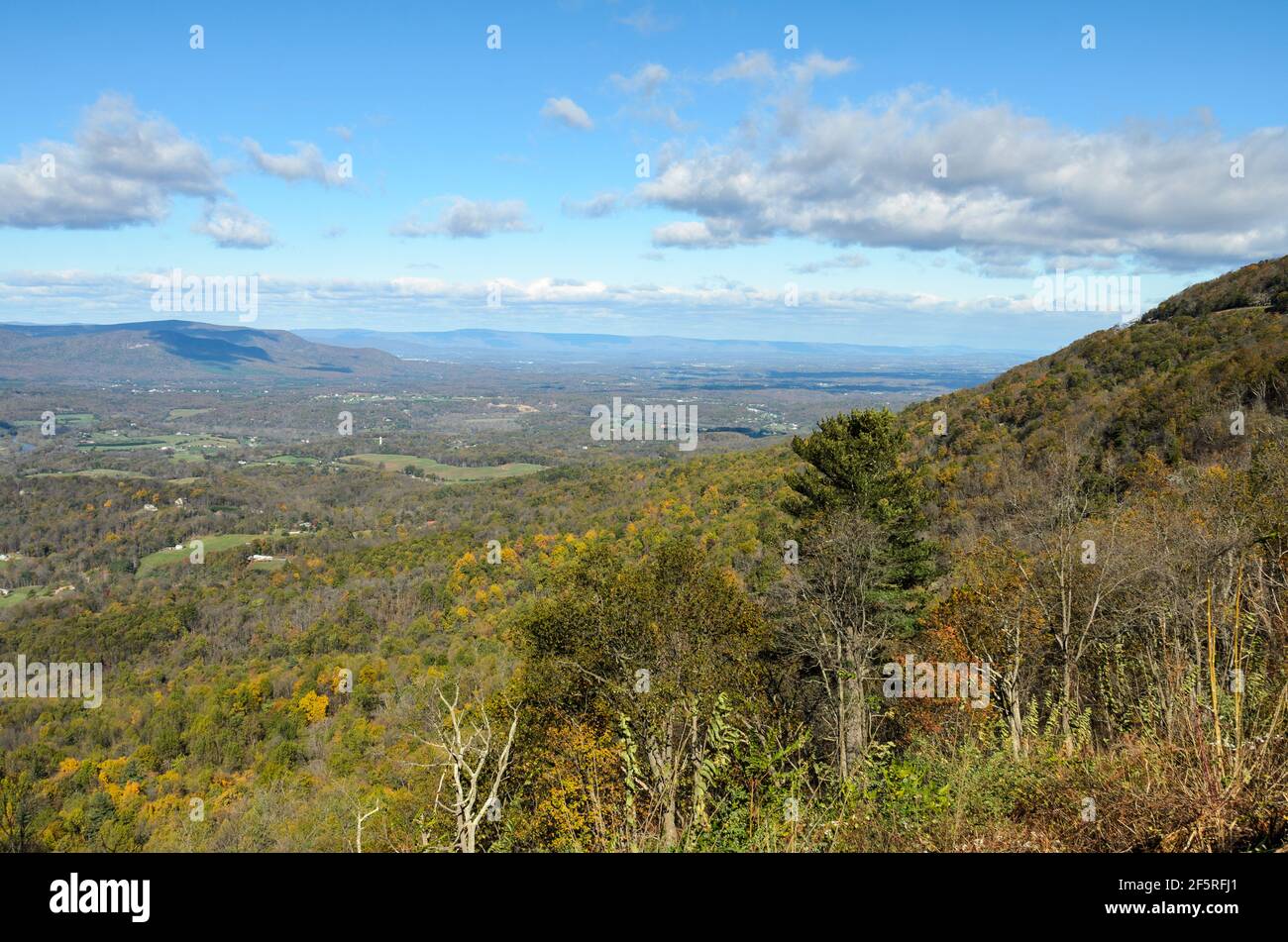 Une vue sur la vallée de Shenandoah depuis le parc national de Shenandoah lors d'un après-midi d'automne glorieux et ensoleillé. Banque D'Images