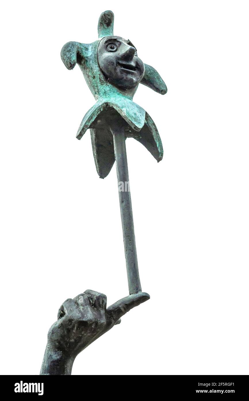 Jester tête sur un bout de doigt au mémorial de Sir Ronald Gower à Stratford upon Avon, Warwickshire, Angleterre Banque D'Images