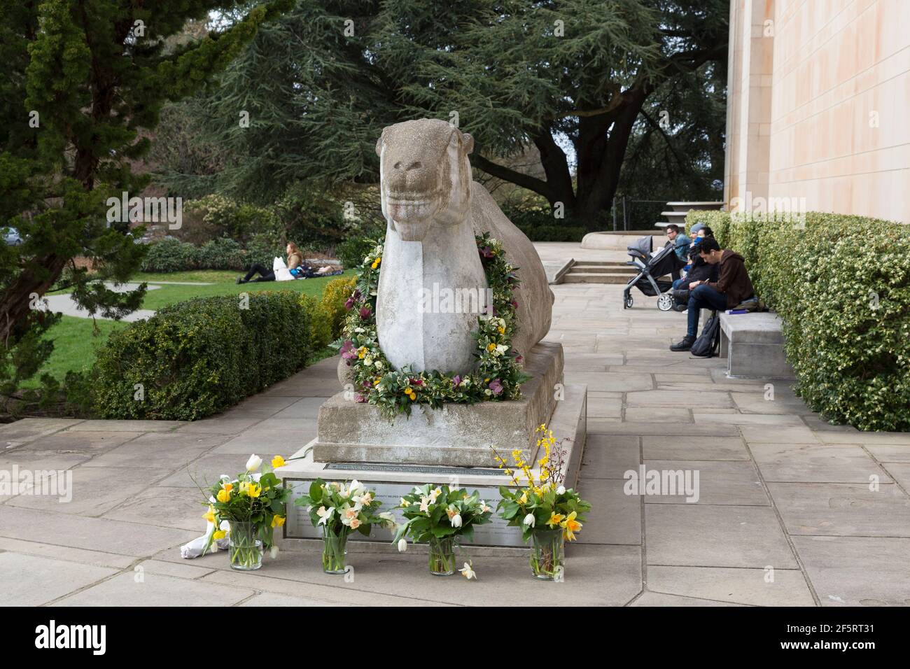 Seattle, Washington, États-Unis. 27 mars 2021. Des offrandes florales ornent une sculpture chinoise de chameau en l'honneur des victimes des fusillades d'Atlanta à un mémorial du Seattle Asian Art Museum. Le musée accueille un week-end « Top Asian Hate Community Memorial » en solidarité avec les communautés asiatiques américaines, insulaires du Pacifique et immigrants asiatiques dans le sillage de la violence raciale croissante. Crédit : Paul Christian Gordon/Alay Live News Banque D'Images