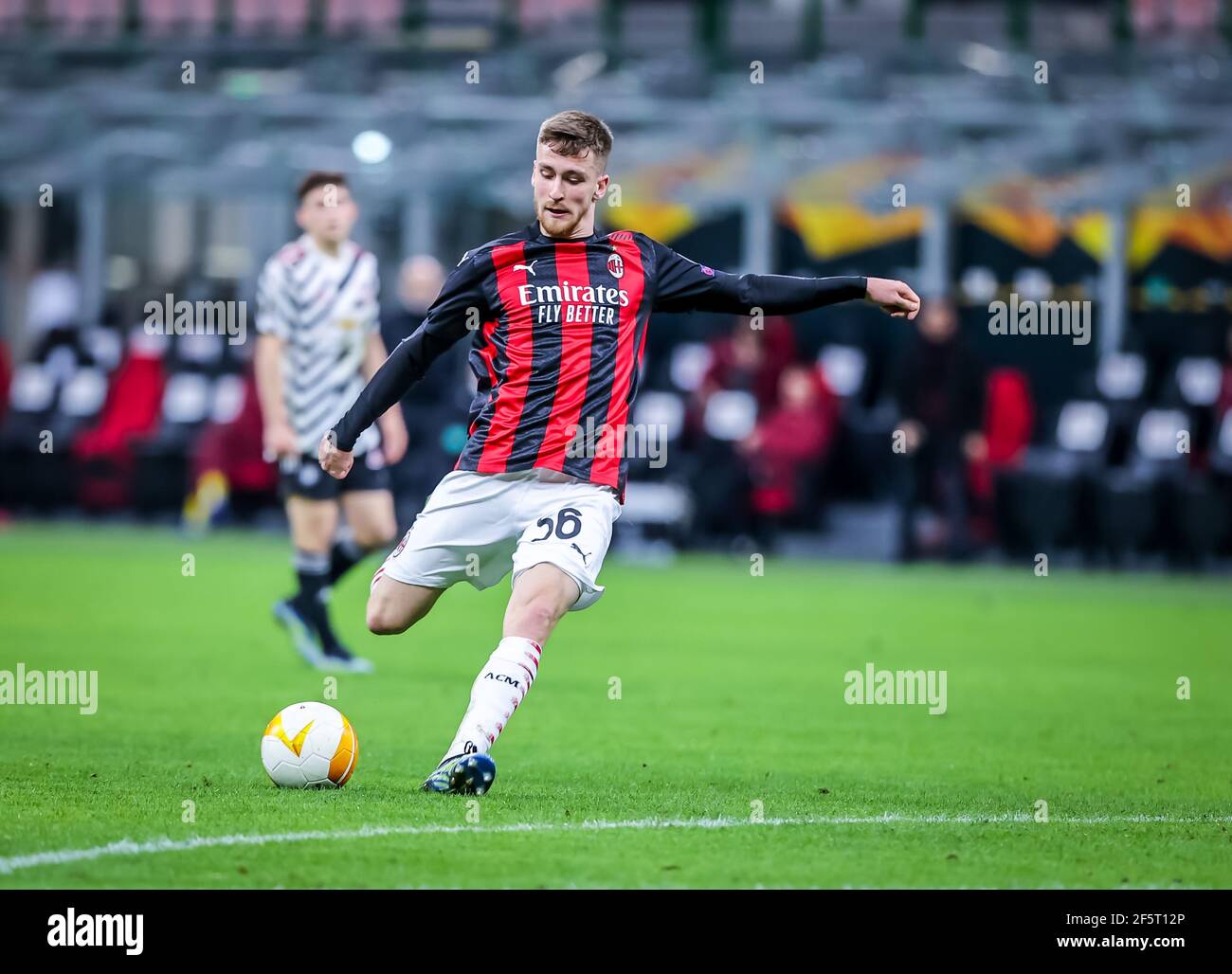 Alexis Saelemaekers de l'action AC Milanin lors de l'UEFA Europa League 2020/21 Round de 16 second Leg football match entre l'AC Milan et le Manchester United FC au stade San Siro. (Score final ; AC Milan 0 - 1 Manchester United FC) Banque D'Images