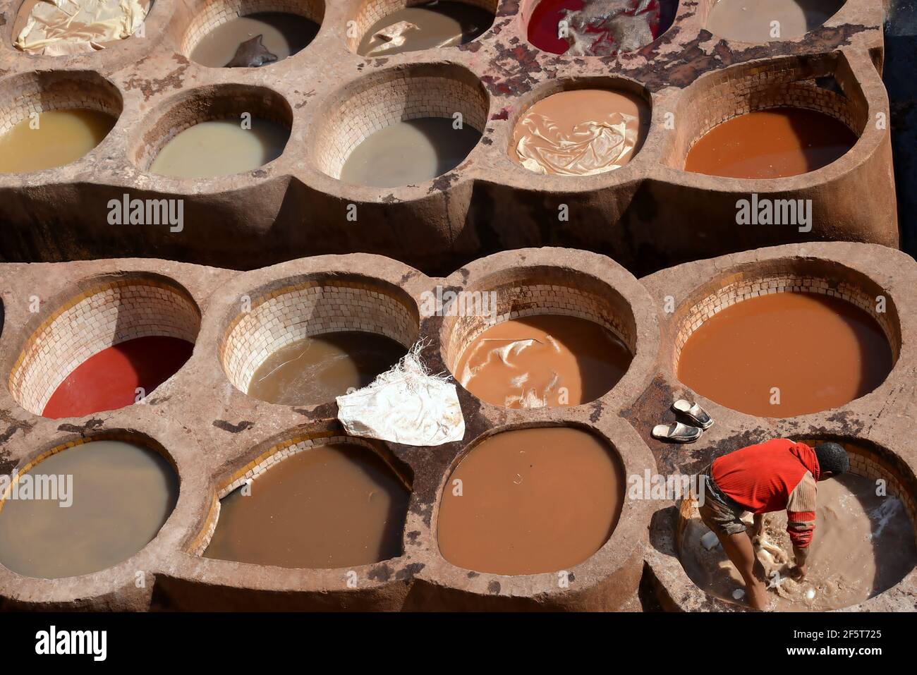 Maroc Fes quartier des colorants et des tanneurs, bain d'eau, soude caustique, colorants, fientes de pigeon comme ammoniac naturel et autres substances. Banque D'Images