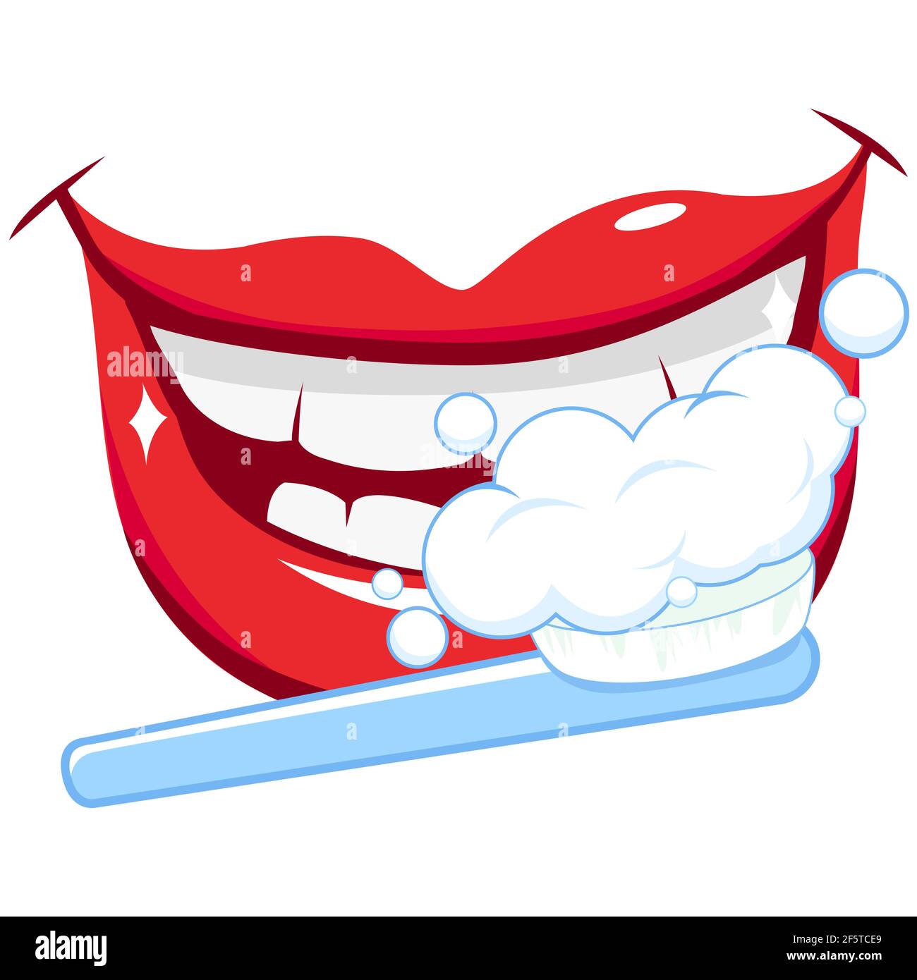 Sourire bande dessinée lèvres rouges bouche avec des dents propres, brossage des dents avec brosse à dents et dentifrice. Concept de sourire d'hygiène dentaire. Banque D'Images