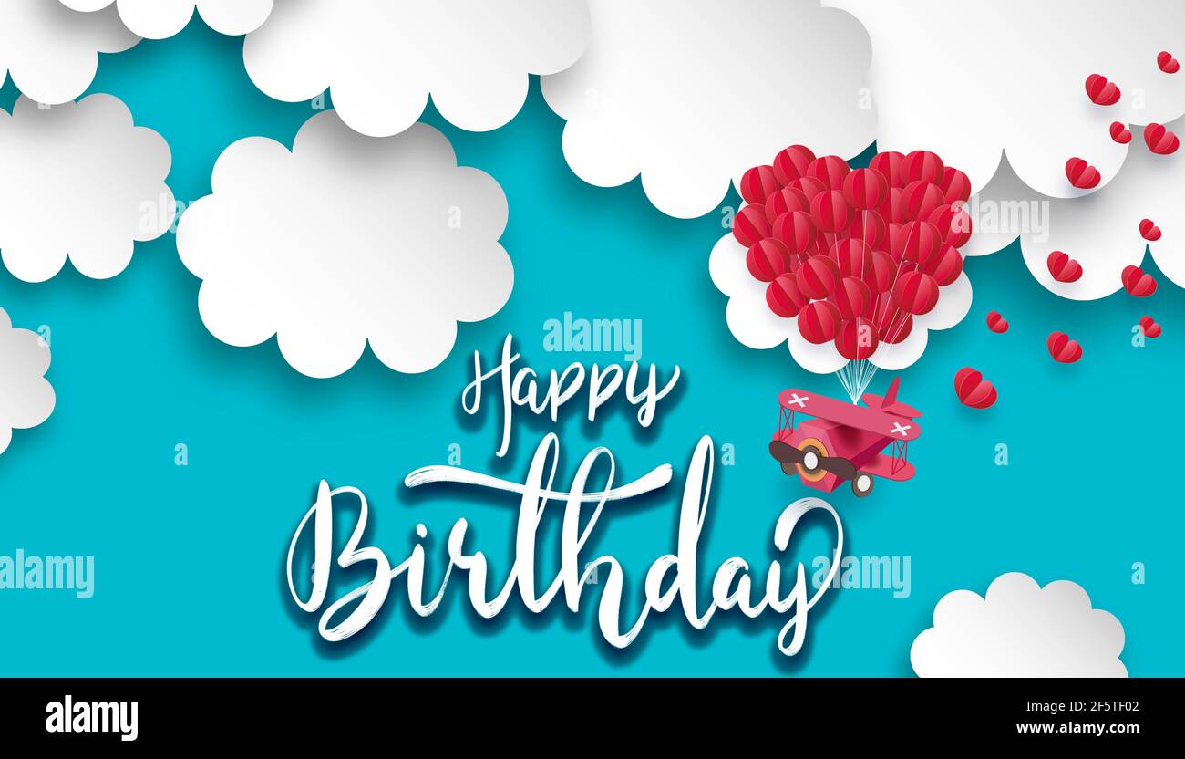 Joyeux Anniversaire Calligraphie De Fond Avec L Art Papier De Vol D Avion Rouge Et Le Coeur Disperse Dans Le Ciel Conception De Carte Illustration 3d Photo Stock Alamy
